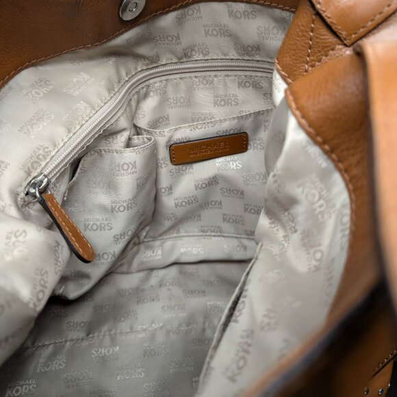 Michael Kors Leather Astor Tote Bag Tan Brown Shoulder Bag 2 Straps Studded 15" - Picture 10 of 13